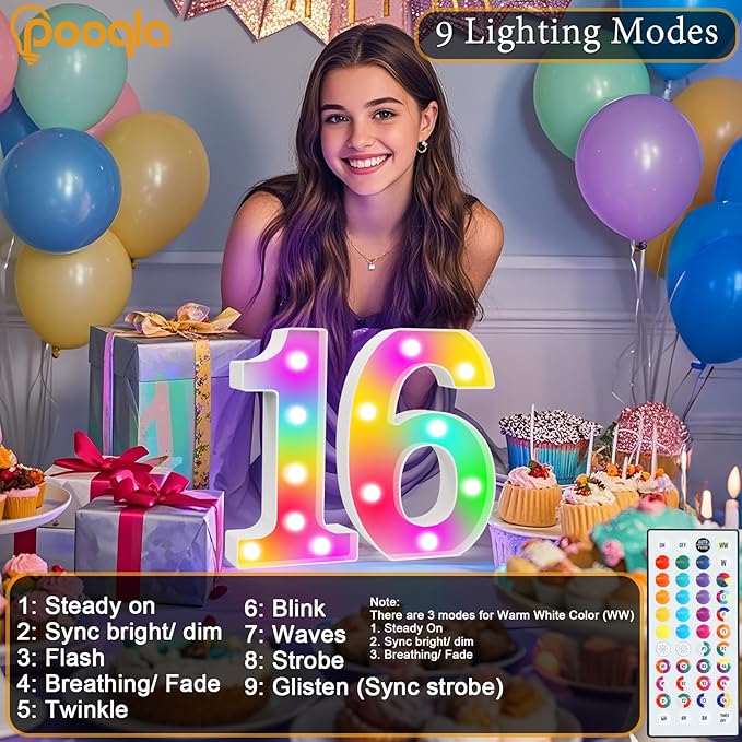 Pooqla 25th Birthday Decorations for Her Him, 35 Colors LED Light Up Numbers with Remote, Multicolor Marquee Numbers for Party Backdrop 25th Anniversary Decor Birthday Gifts for Women, Number 25