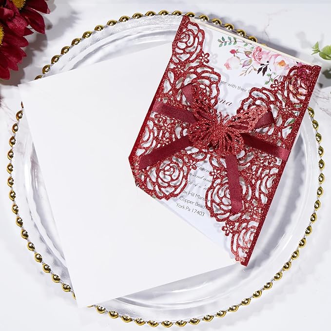 50pcs Burgundy Glitter Wedding Invitation Butterfly Rose Laser Cut Invitation Sleeve with Personalized Invitations Card, White Envelopes, for Wedding Bridal Shower Engagement (Default Blank Card)