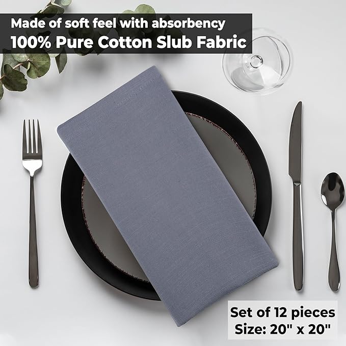 Urban Villa Dinner Napkins Solid Grey Color Cloth Napkins (Set of 12) Oversized 20x20 Inches 100% Cotton Slub Premium Quality Soft Durable with Mitered Corners Reusable Washable Everyday Use Napkins
