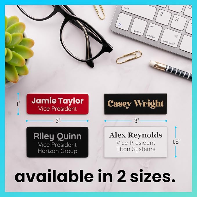 ExcelMark Custom Name Tag - Engraved Name Badge with Pin or Magnetic Backing, 16 Colors, 6 Fonts, and 2 Sizes to Choose from (Silver w/Black Letters, 1.5"x 3")
