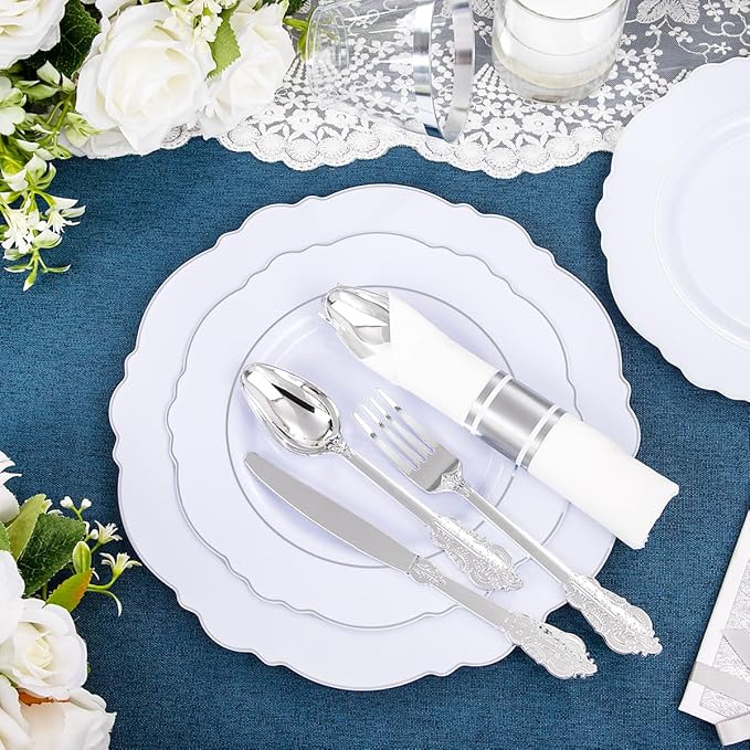 Liacere 350PCS Silver Plastic Plates-Disposable White and Silver Plates 50guest Baroque Plastic Dinnerware Set include 100Plates, 50Pack Pre Rolled Napkins with Silverware 50Cups Perfect for Chrismas