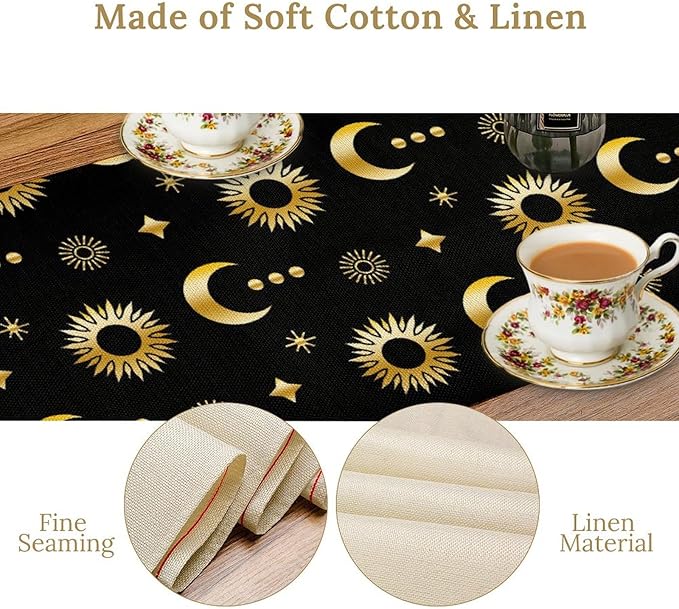 Magic Gold Sun Moon Stars Table Runner Mystical Farmhouse Rustic TableRunner for Party Holiday Dining Room Kitchen 13x120 Inch
