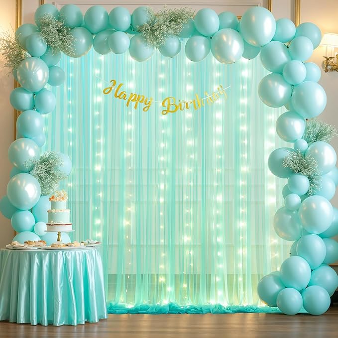 Sage Green Tulle Backdrop Curtains with Lights String for Parites 10x8ft Sheer Backdrop Curtains Drapes for Birthday Party Bridal Shower Baby Shower Christmas Wall Photo Booth Background Decorations
