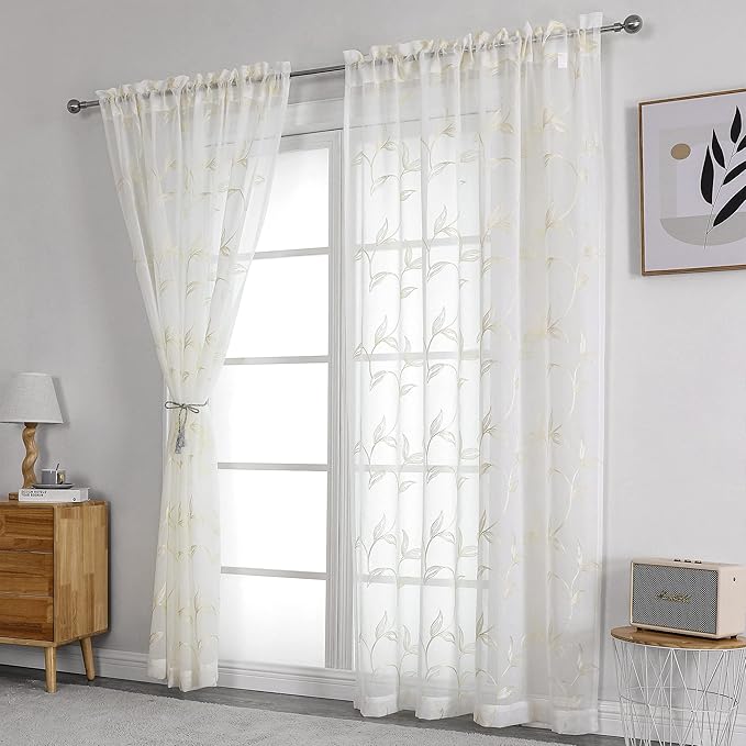 VISIONTEX Sheer Curtains 72 inch Length 2 Panels Set, White Voile Crushed Cream Vine Leaves Embroidery, Rod Pocket Embroidered Window Drapes for Living Room and Bedroom, 54" x 72"