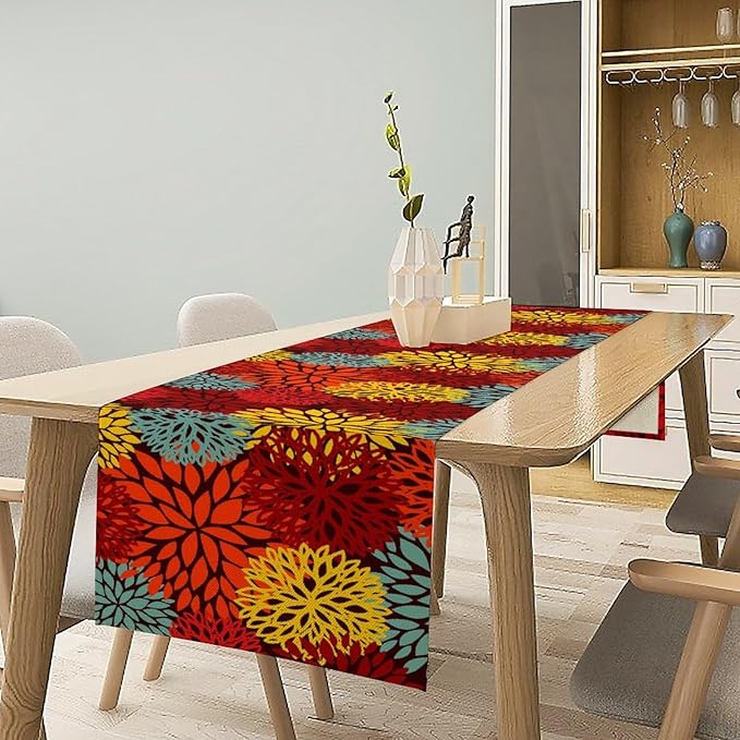 Red Yellow Dahlia Table Runner, Seasonal Autumn Thanksgiving Pattern Print for Home Kitchen Table Decor Dining Coffee Room Party Decor 13x60 Inch