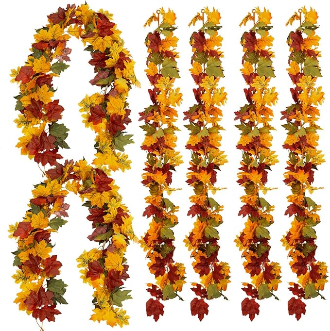 PARTY JOY 6PCS Orange Leaf Garland, 5.6Ft Halloween Garland Artificial Maple Leaf Autumn Hanging Fall Vines Thanksgiving Decorations Fall Decor