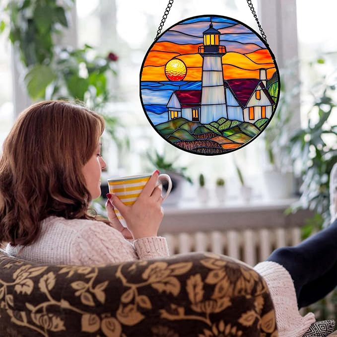 Stained Glass Window Hanging - Sea Lighthouse Suncatcher for Door Terrace Garden Home Decor Sunset Beach Scenery Sun Catcher Birthday Gifts for Lovers Women Men Dad Mom Nana 6.3 in