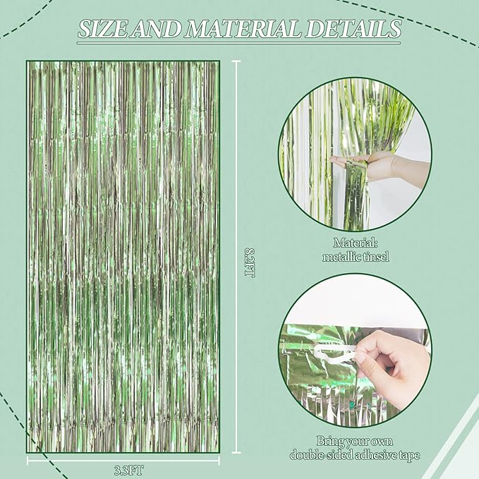 3 Pack Foil Fringe Backdrop - Light Green Shiny Tinsel Curtains for Party Decoration/Photo Booth Props - 3.3x8.2 FT Metallic Foil Backdrop for Birthday, Wedding, Graduation, Christmas