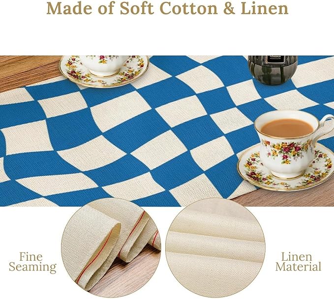 Table Flag Retro Plaid 60s70s Blue Plaid Table Flag Kitchen Restaurant Decoration Suitable for Indoor and Outdoor Festival Home Wedding Party Table Flag 13x70