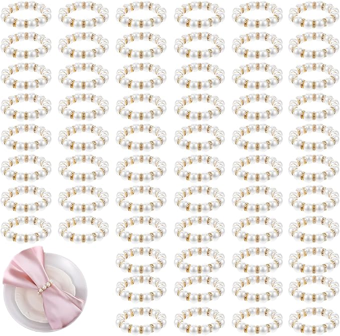 60 Pcs Wedding Pearl Napkin Rings, Pearl Napkin Rings Napkin Ring Holder Imitation Beaded White Napkin Ring Elegant Rhinestone Serviette Rings Buckle for Formal Wedding Home Dinner Party Decorations