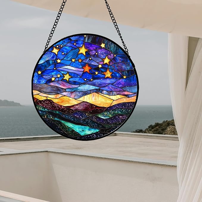 Stained Glass Window Hanging, Blue Sky Gold Stars Abstract Landscape Suncatcher for Doors Window Home Sun Catchers Decor Mother's Day Birthday Gifts for Women, Men Mom 15 in