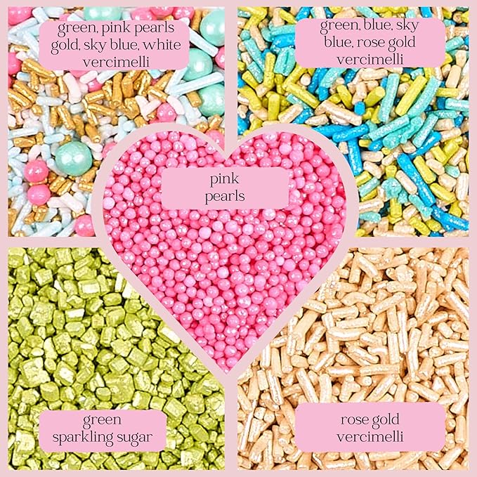 Confect Sprinkles – 5 Pack Assorted Cake Decorating Mix (Hot Pink & Ivory Pearl Dragees, Champagne Gold & Blue Jimmies, Green Sparkling Sugar) – Festive Edible Toppings for Cakes, Cupcakes, Cookies – Vegan, Gluten-Free, Nut-Free, Soy-Free, Dairy-Free, ...