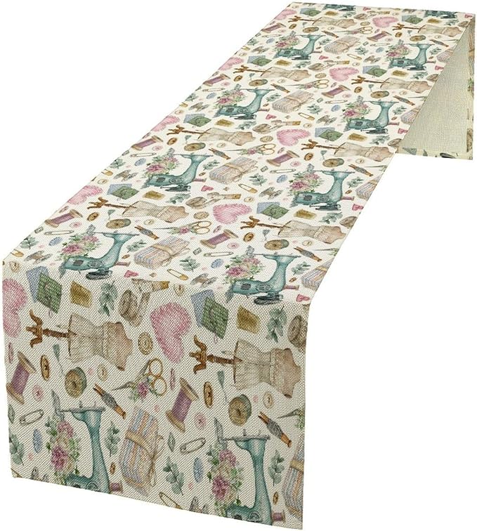Sewing Theme Table Runner,Vintage Sewing Machine Tool Watercolor Pattern Print Tablecloth Burlap for Hotel Indoors Outdoor Dining Room Kitchen Home Decor,W13X L108 in
