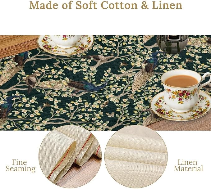Peacock Table Runner,Retro Floral Plants Peacock Table Runner for Home Kitchen Dining Party Indoor Outdoor Decoration 13x90 Inch