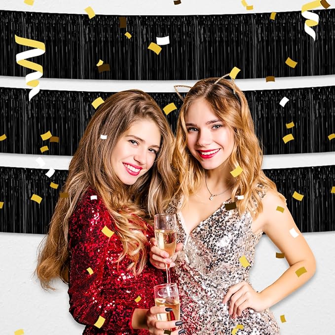 4 Pack 10 Feet Black Foil Fringe Garland Metallic Tinsel Streamers Banner Wall Hanging Curtain Backdrop for Parade Floats, Wedding, Graduate, Mother's Day, Birthday Party Decoration