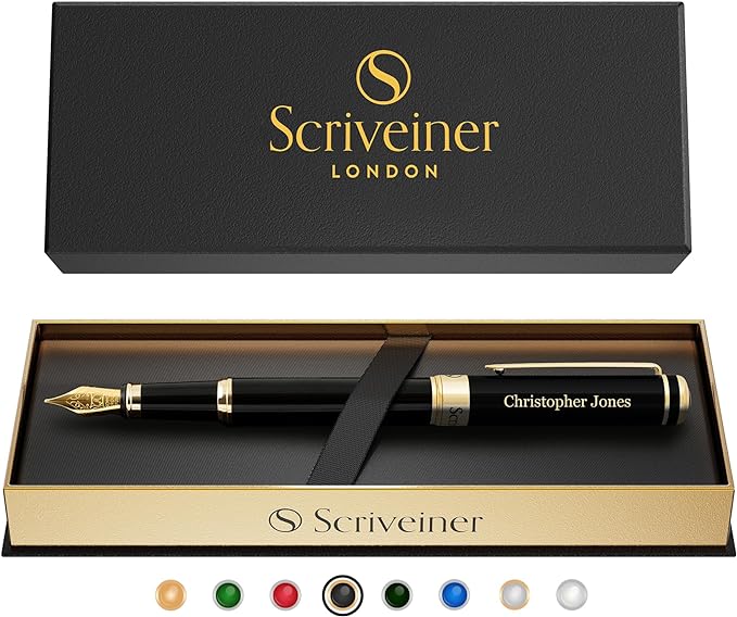 Scriveiner Personalized Black Fountain Pen - Stunning Luxury Pen, Jet Black Lacquer, Real Gold Plating, German Schmidt Nib (Medium), Best Engraved Gift Set for Men & Women, Name Engraving
