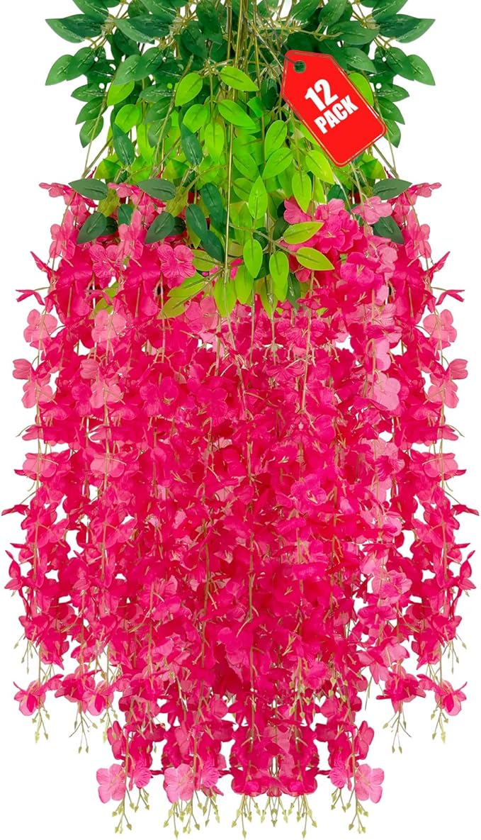 12 Pack Fuchsia Wisteria Hanging Flowers, 3.44 Ft Fake Hanging Flowers, Artificial Wisteria Garland Vines for Wedding Room Backdrop Outdoor Patio Garden Decoration