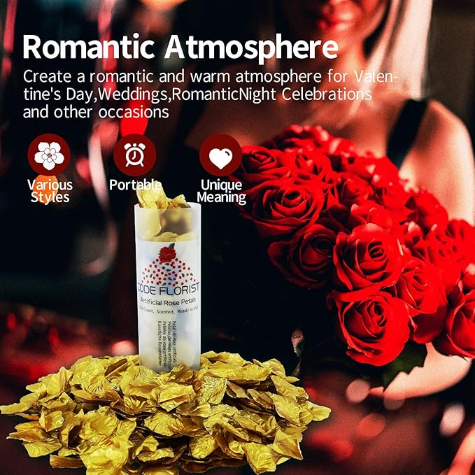 CODE FLORIST 1500 PCS Silk Rose Petals for Valentine's Day,Fake Rose Petals for Romantic Night,Wedding,Proposal Anniversary Flower Decorations(Separated,Scented,Gold)