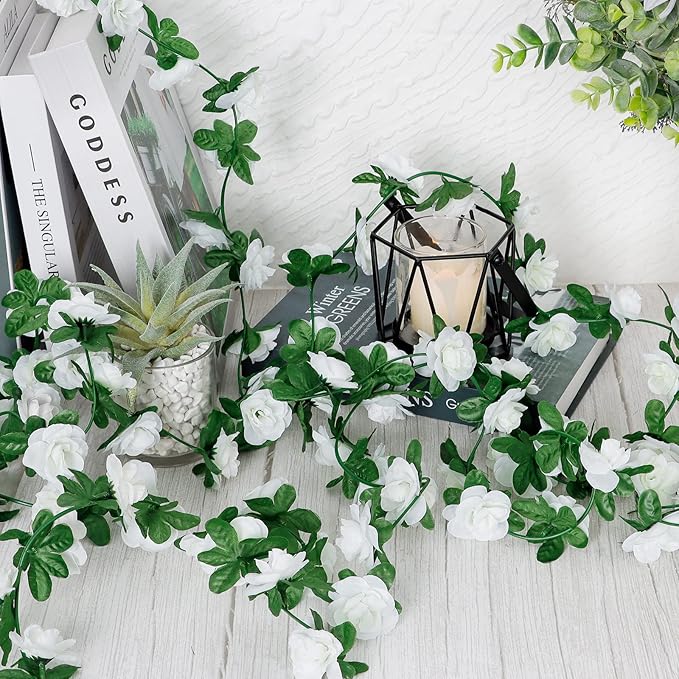 KHOYIME 9 Pack 72 FT Artificial Flower Garland, Fake White Roses Vines Silk Flowers Faux Plastic Outdoor Hanging Floral Ivy Garland Decoration for Wedding Arch Bedroom Home Wall Backdrop Room Decor