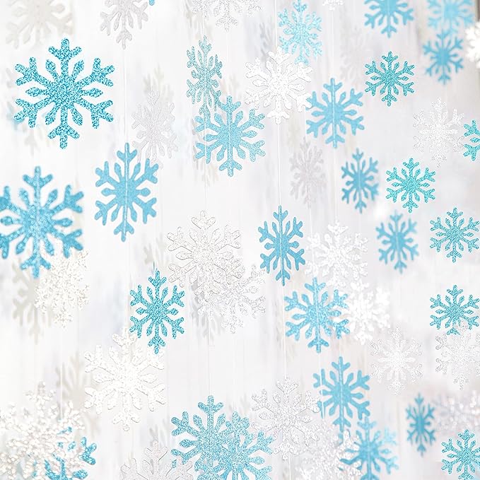 Snowflake-Snow Teal-Silver Christmas Party-Decoration Garland - 52ft Turquoise Winter Wonderland Frozen Ornaments Hanging Paper Streamers,New Years Birthday Baby Shower Wedding Ceiling Decor Hugfond