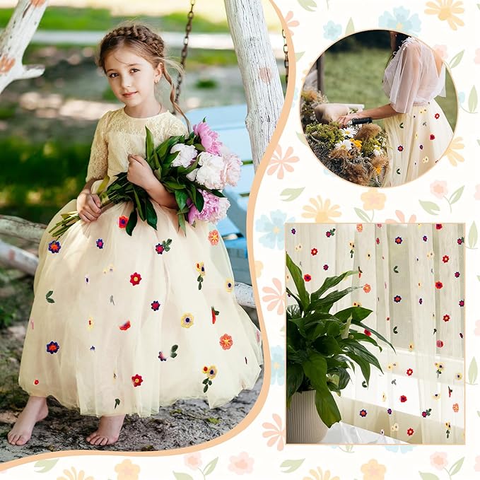 BINBE 6pcs Champagne Daisy Fall Table Runner Embroidery Gauze 10FT Florals Seasonal Tulle Holiday Birthday Kitchen Dining Table Decor for Home Party