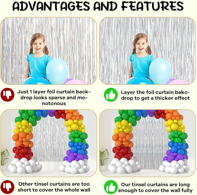 2 Pack Laser Silver Foil Fringe Backdrop Curtains, Tinsel Streamers Birthday Party Decorations, Fringe Backdrop for Graduation, Baby Shower, Gender Reveal, Disco Party