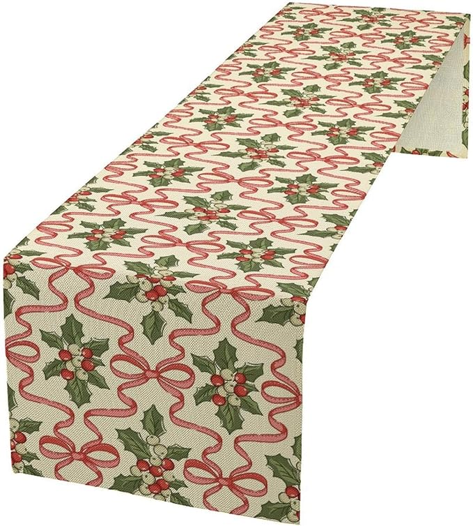 Christmas Table Runner,Xmas Holiday Bowknot Decor Table Cloth Kitchen Dining Table Decoration for Home Party Decor 13x108 Inch