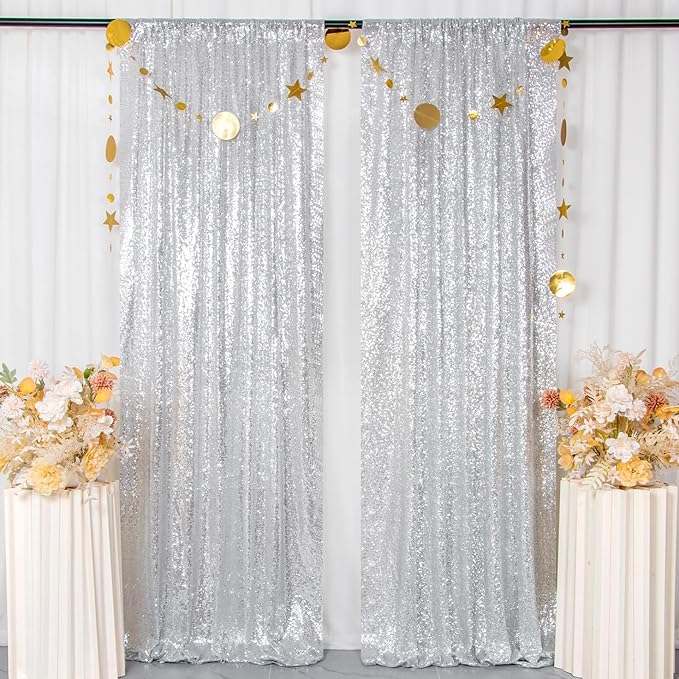 ShinyBeauty Silver Backdrops 2 Pieces Sequin Curtains 4FTx7FT Photoshoot Background Shimmer Backdrop Curtain Panels Sparkle Backdrop for Birthday,Wedding,Party Studio Decor(8FTX7FT)