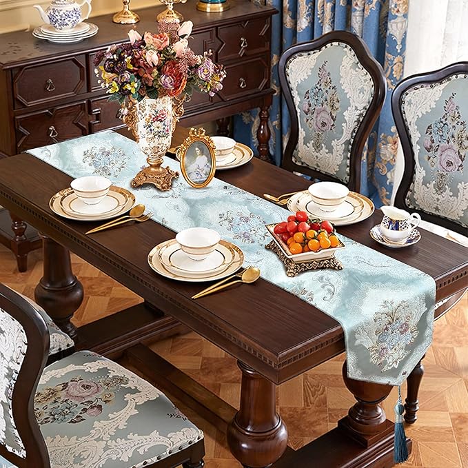 HeMiaor Retro Embroidery Pattern Table Runner with Tassels for Luxurious Home Decor for Party Dinner 120 inches Long Light Blue