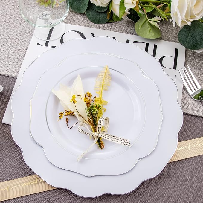 NOCCUR 175pcs Silver Plastic Plates - Silver Rim Plastic Tableware Include 25 Dinner/Dessert Plates, 25 Forks, 25 Knives, 25 Spoons for Wedding/Party/Christmas
