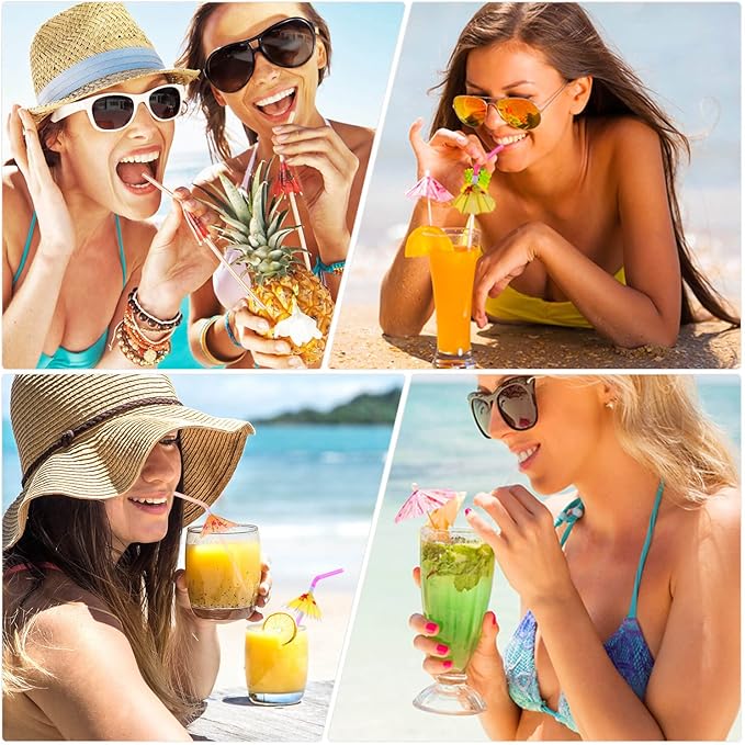 Paxcoo 50pc Umbrella Straws for Cocktails, Tropical Hawaiian Luau Party Decorations (Assorted Colors)