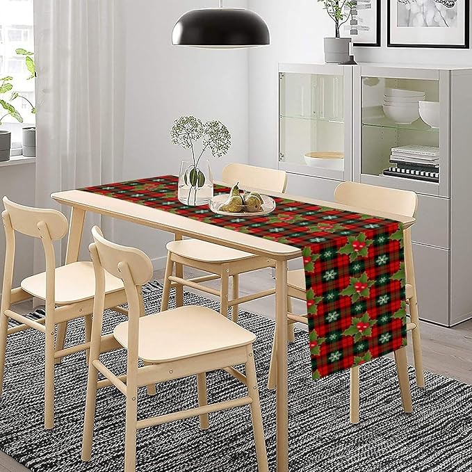 Christmas Table Runner, Red Check Plaid Winter Xmas Holiday Table Cloth Kitchen Dining Table Decoration for Home Party Decor 13x70 Inch