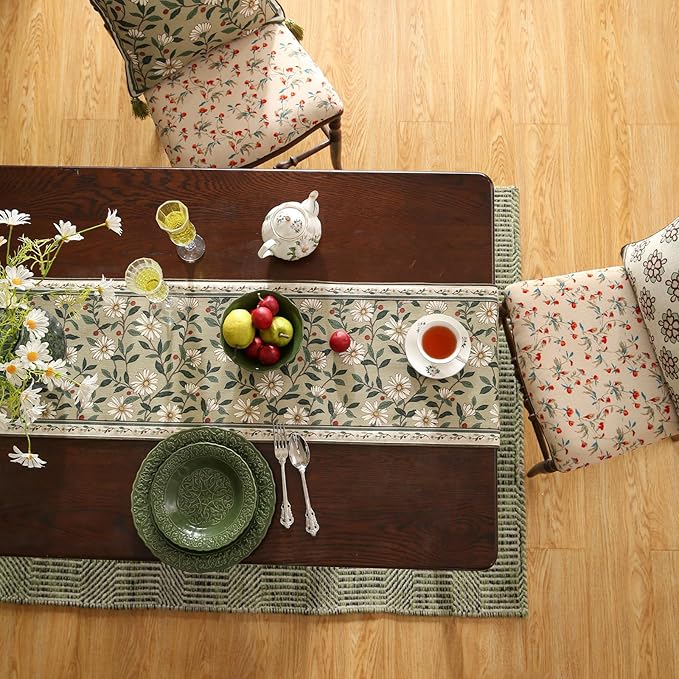 ISAENNE Designer Green Elegant Linen Table Runner 102 Inches Long,Flower and Leaves Pattern Wrinkle Resistant Table Runners for Dining Tables,Thanksgiving,Kitchen Tables,Christmas,12"*102"-Brune