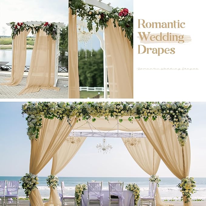 4 Panels Beige Cheesecloth Draping Fabric 35" x 20FT Gauze Fabric Arch Drapes for Wedding Reception Sheer Backdrop Photo Background Household Curtain or Outdoor Curtain