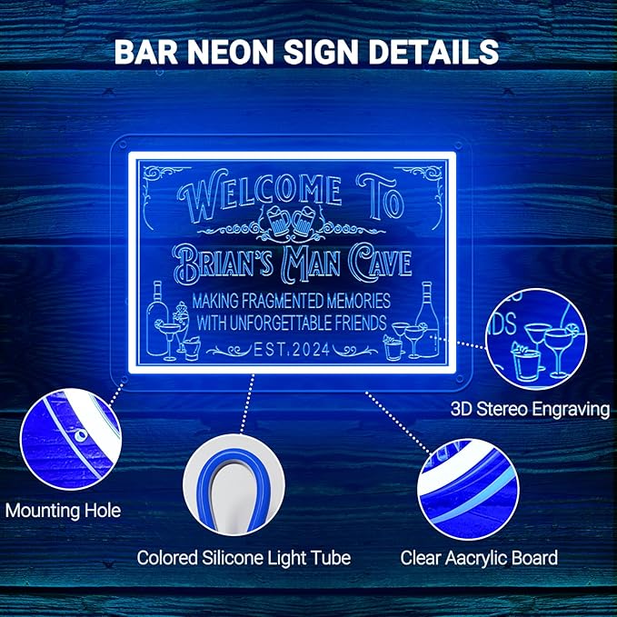 Custom Bar Neon Sign for Man Cave, Personalized LED Whiskey Cocktail Beer Signs, Customized Bar Neon Lights for Home Pub Tavern Bistro Business Wall Decor, Customizable Bar Signs for Men Dad Gifts