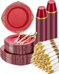 Goodluck 350 Piece Red Dinnerware Set for 50 Guests, Fancy Disposable Plates, Include: 100 Red Rim Plastic Plates, 150 Silverwares, 50 Pre Rolled Napkins, 50 Cups for Party, Wedding