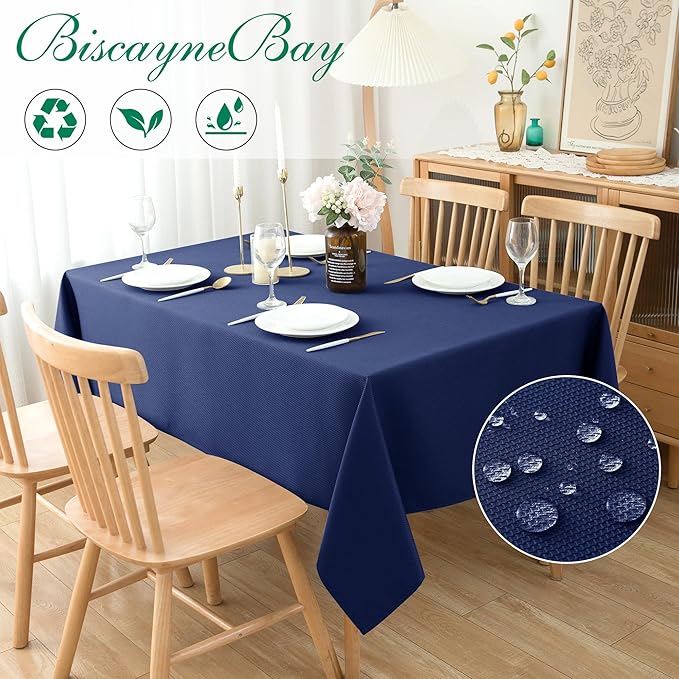 Biscaynebay Textured Fabric Tablecloths 90x132 Inches Rectangular, Navy Water Resistant Tablecloths for Dining, Kitchen, Wedding and Parties etc. Machine Washable