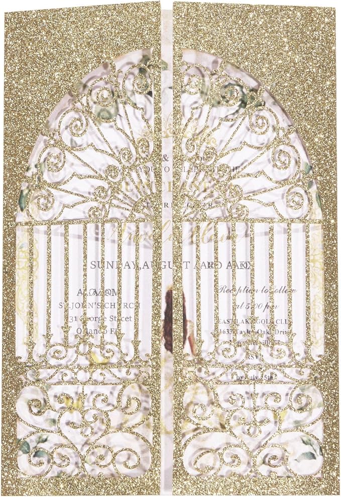 25Pcs Light Gold Glitter Laser Cut Wedding Invitation Kits with Envelopes and RSVP Cards Personalized Invitations for Sweet 16 Baby Bridal Shower Engagement Quinceanera Invite