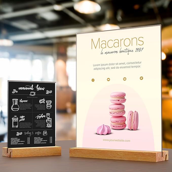5x7 Inch Acrylic Sign Holder with Wood Base Vertical and Slant Displays(3 Pack 5*7")