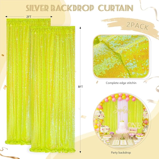 Sparkle Sequin Backdrop Curtains Panels - Yellow Sequin Photo Backdrop 2 Panels 2FTx8FT Wedding Birthday Party Background Drapes