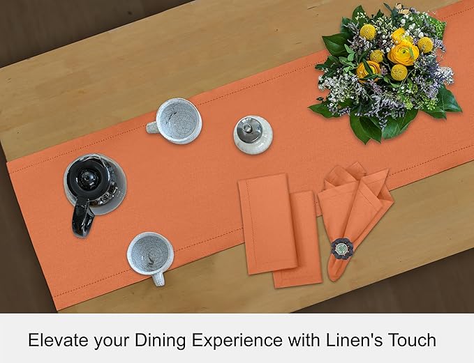 Ruvanti Linen Table Runner 60 Inches, Classic Hemstitch, Washable, Reusable, Non-Slipping, Stain Resistant- Perfect for Parties, Weddings, Dinners, Thanksgiving, Christmas, Indoor use – Orange