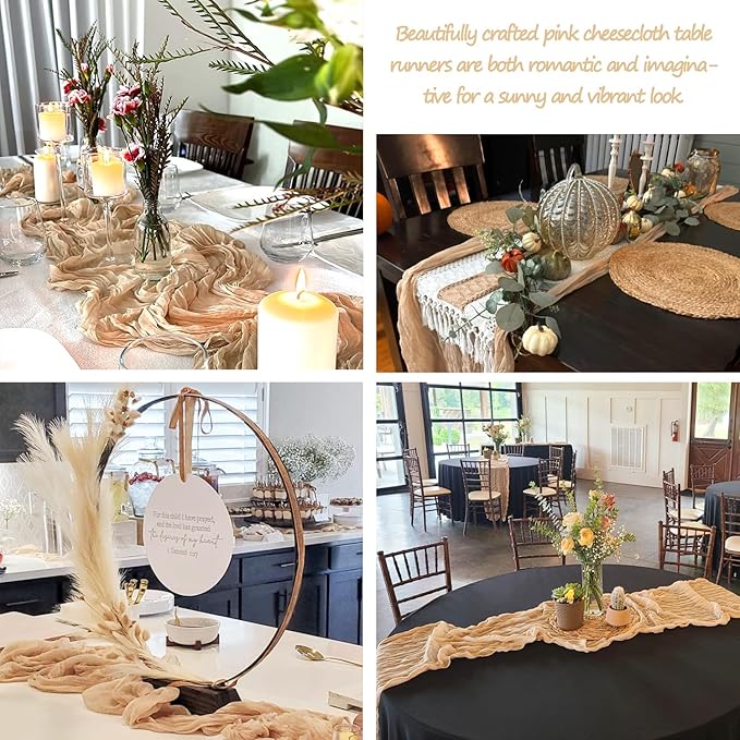 12 Pack Champagne Cheesecloth Table Runner 35x120 Inches, Fall Thanksgiving Cheese Cloth Table Runner 10FT Boho Sheer Gauze Runner for Bridal Shower Wedding Baby Shower Party Decor