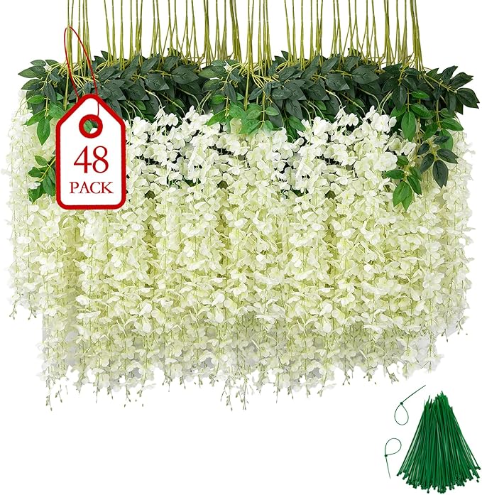 48 Pcs of Wisteria Hanging Flowers, 3.75 Ft Fake Flower Strings, Artificial Wisteria Flowers Hanging Garland for Backdrop, Wedding, Ceremony, Garden and Home Wall Decoration(White)