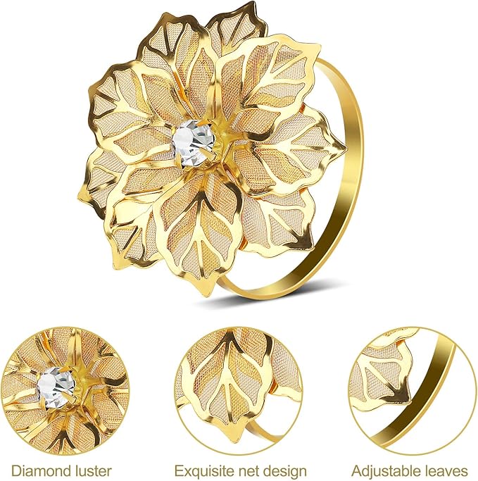 KPOSIYA Set of 20 Napkin Rings, Metal Gold Hollow Out Flower Napkin Ring Holder for Wedding Party Holiday Banquet Christmas Dinner Delicate Serviette Buckles Decor Favor (20, Flower-Gold)