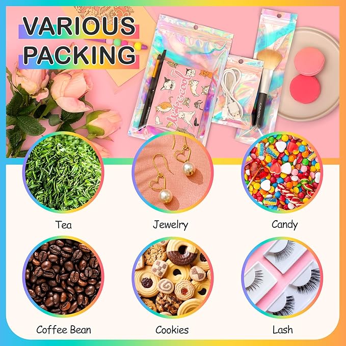 Funfery 50 pcs Mylar Holographic Bags Clear Window Resealable Bags,Foil Bag with Zipper,Sealing Pouch Smell Proof Packaging Bags for Food Storage,Candy,Party Favor Sample Business Supplies(5.5x7.9in)