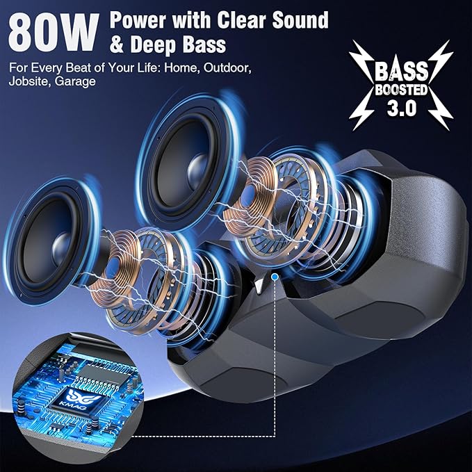 KMAG Bluetooth Speaker Wireless, 80W Loud Speaker with Deeper Bass, IPX7 Waterproof, 20H Playtime, Cool Lights, TWS, Portable Speaker for Home, Outdoor, Workshop, Party, Gift for All(Gray)