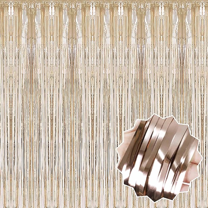 6 Pack Champagne Gold Foil Fringe Curtains Backdrop, 3.28 x 8.2 Ft Metallic Streamers Tinsel Curtains Background for Photo Booth, Birthday, Weddings, Carnivals, Graduation, Themed Party Decorations