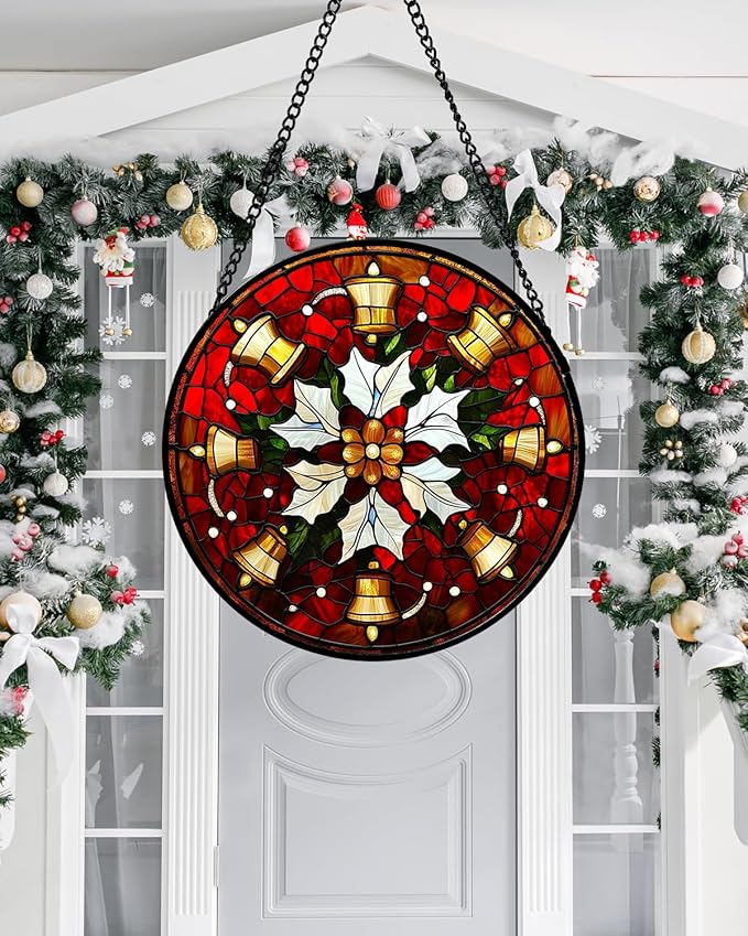 Stained Glass Window Hanging - Golden Bells Flowers Suncatcher for Doors Home Christmas Decoration Winter Sun Catcher Thanksgiving New Year Birthday Gift for Friend Women Men Mom Nana 6.3 in