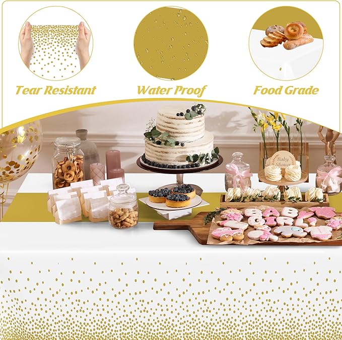 4Pack Disposable Plastic Table Cloths for Parties, 54" x 108" White and Gold Rectangle Table Covers, Waterproof Tablecloth for Rectangle Tables Suitable for New Years Eve Thanksgiving Wedding Supplies