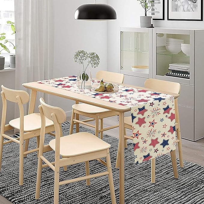 4th of July Table Runner, American Patriotic Independence Day Red Blue White Stars Stripes Fireworks Print Table Runner for Home Party Decor Kitchen Dining Table, 13x108inch